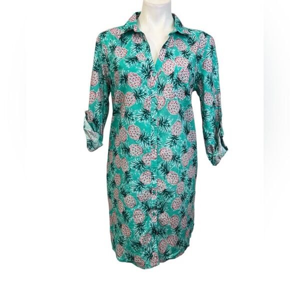 MiracleSuit x Talbots pineapple party coverup shirt Med 100% cotton beach resort - Picture 2 of 6